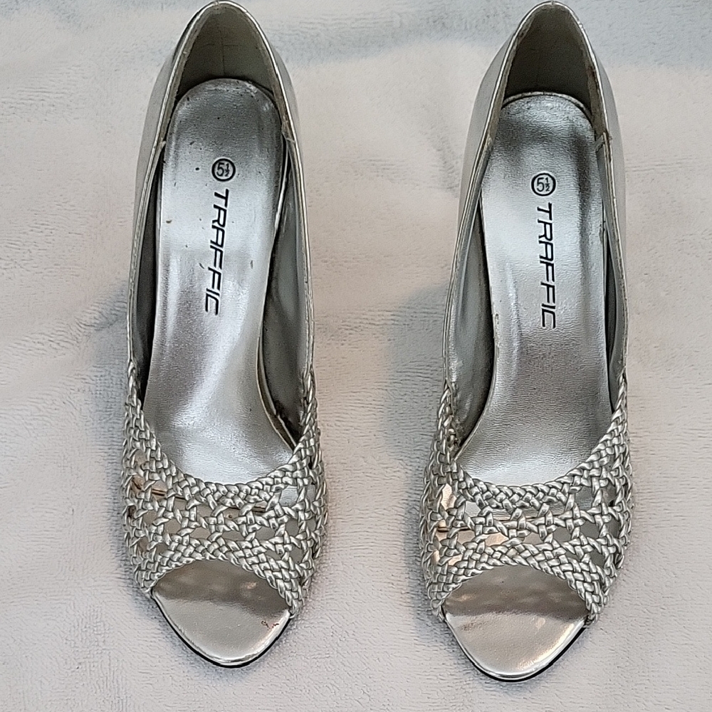 Traffic Silver Satin Peep-Toe Heels